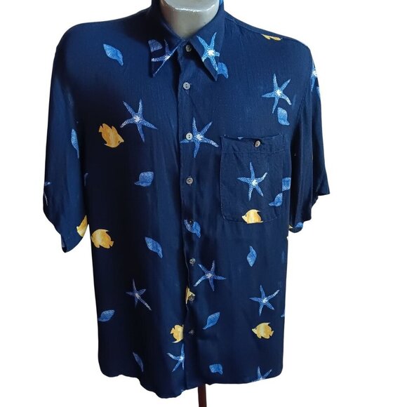 Vintage Mens Hawaiian Shirt Medium Rayon Starfish 1990's Georg Roth Germany Blue - Picture 1 of 7